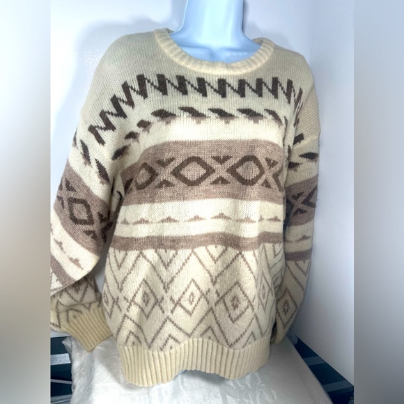 Vintage 90s Sweater Boundary Waters Knit Geometric L Wool & Acrylic - Picture 1 of 4
